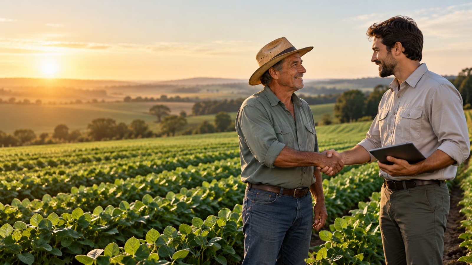 Fertybio consultant shaking hands with a farmer in a crop field at sunset