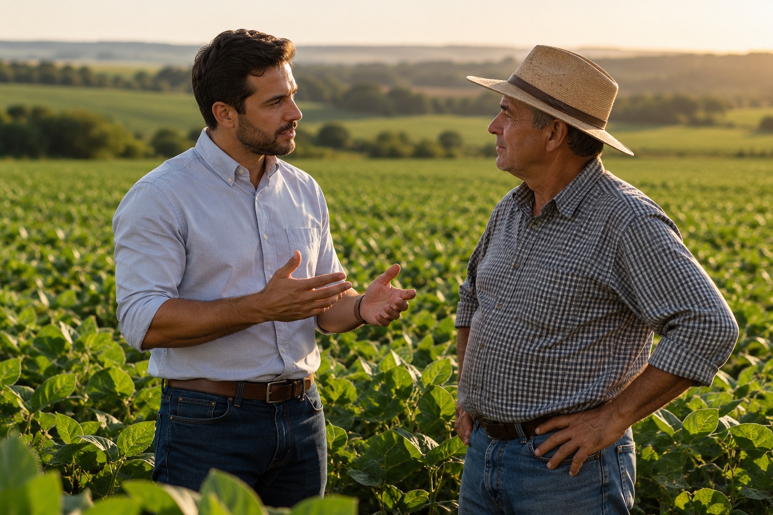 Consultor Fertybio conversando com produtor na lavoura de soja