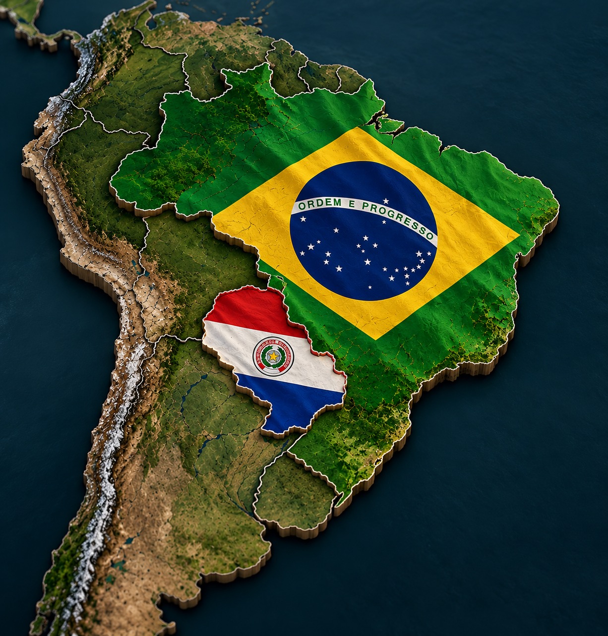 Mapa da América do Sul com as bandeiras do Brasil e do Paraguai